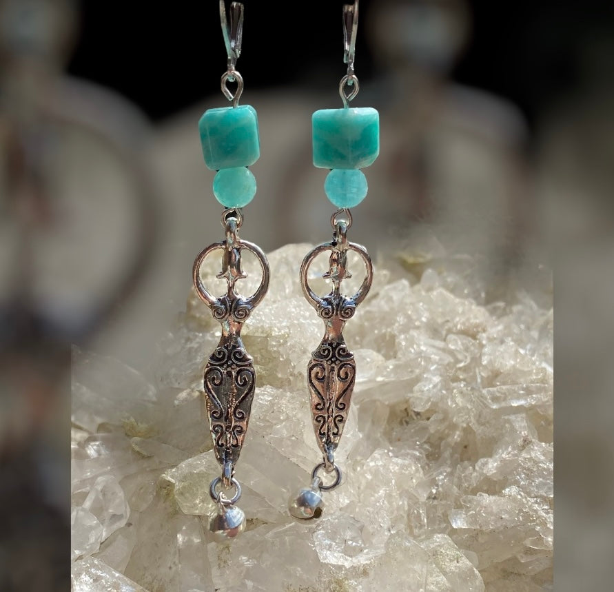 Handcrafted Goddess with Sterling Silver Bells & Gemstone Bead Earrings