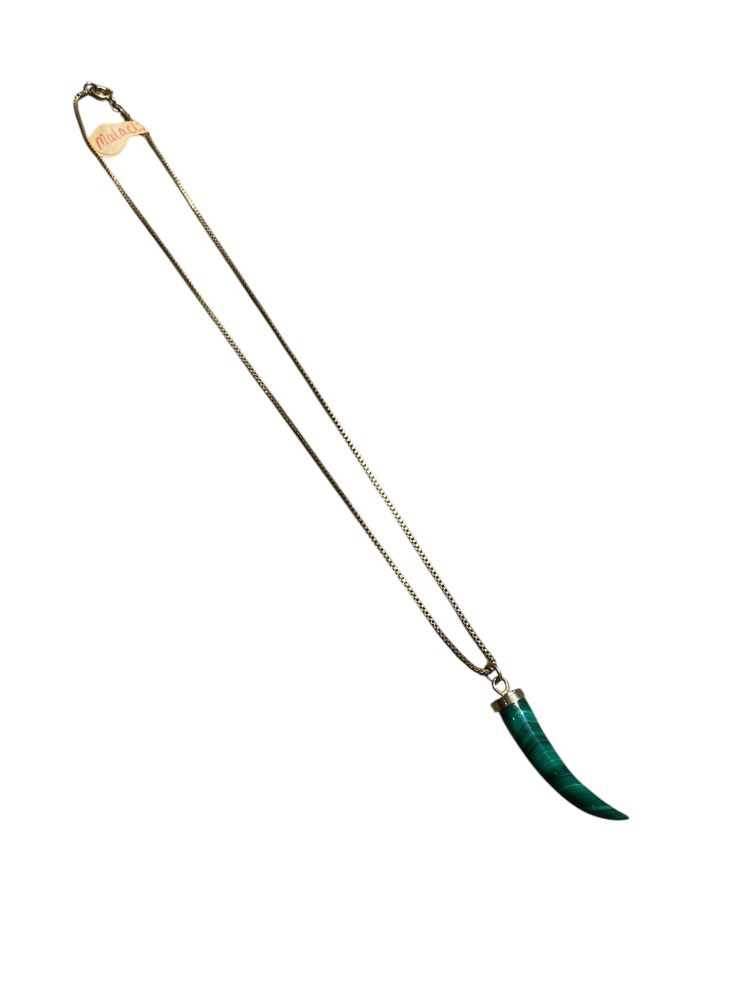 Vintage Gold Plated Malachite Horn Pendant Necklace – Italian Cornicello Lucky Charm | 45cm Chain | 8.58g