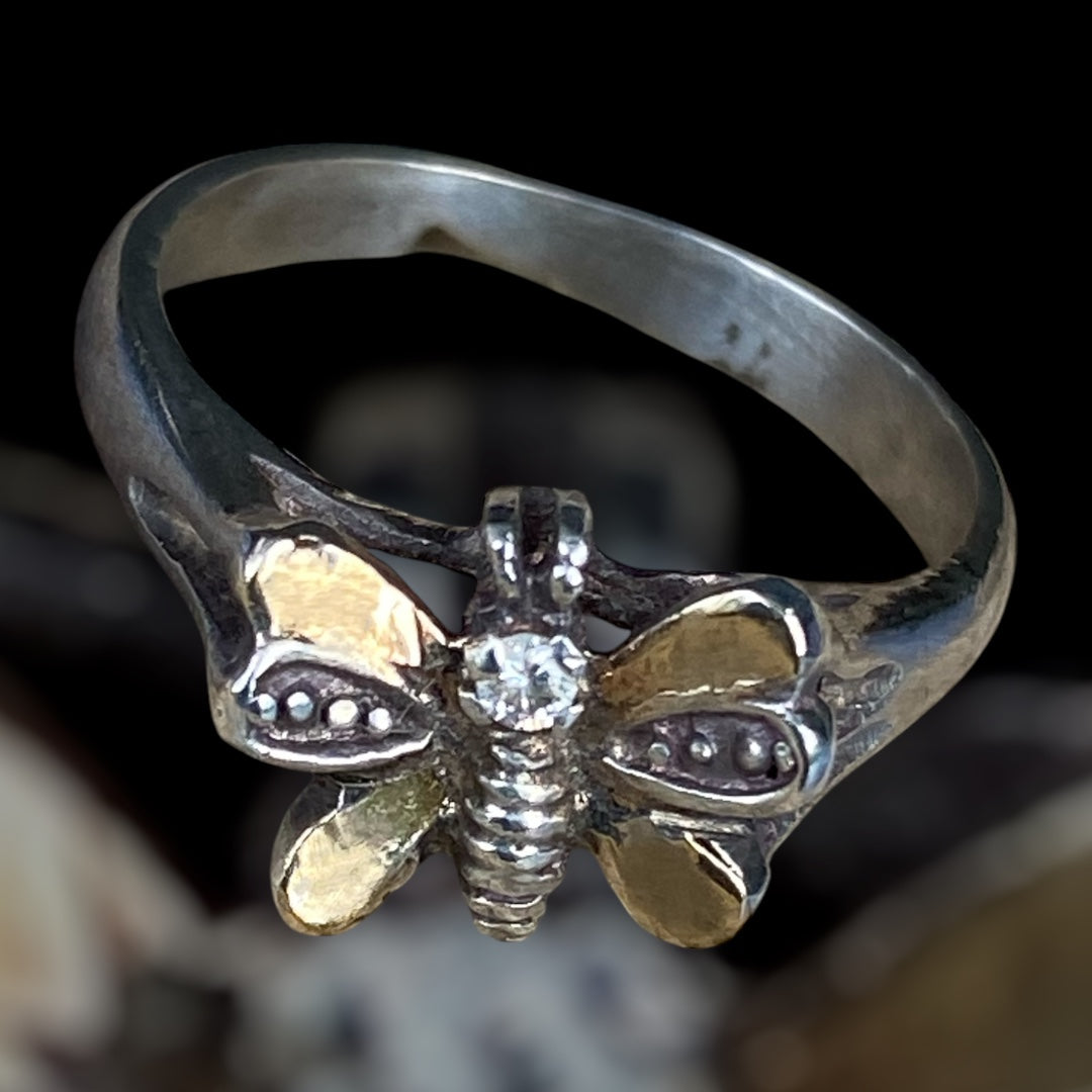Silver Bee Ring with Gold and Diamond Accents