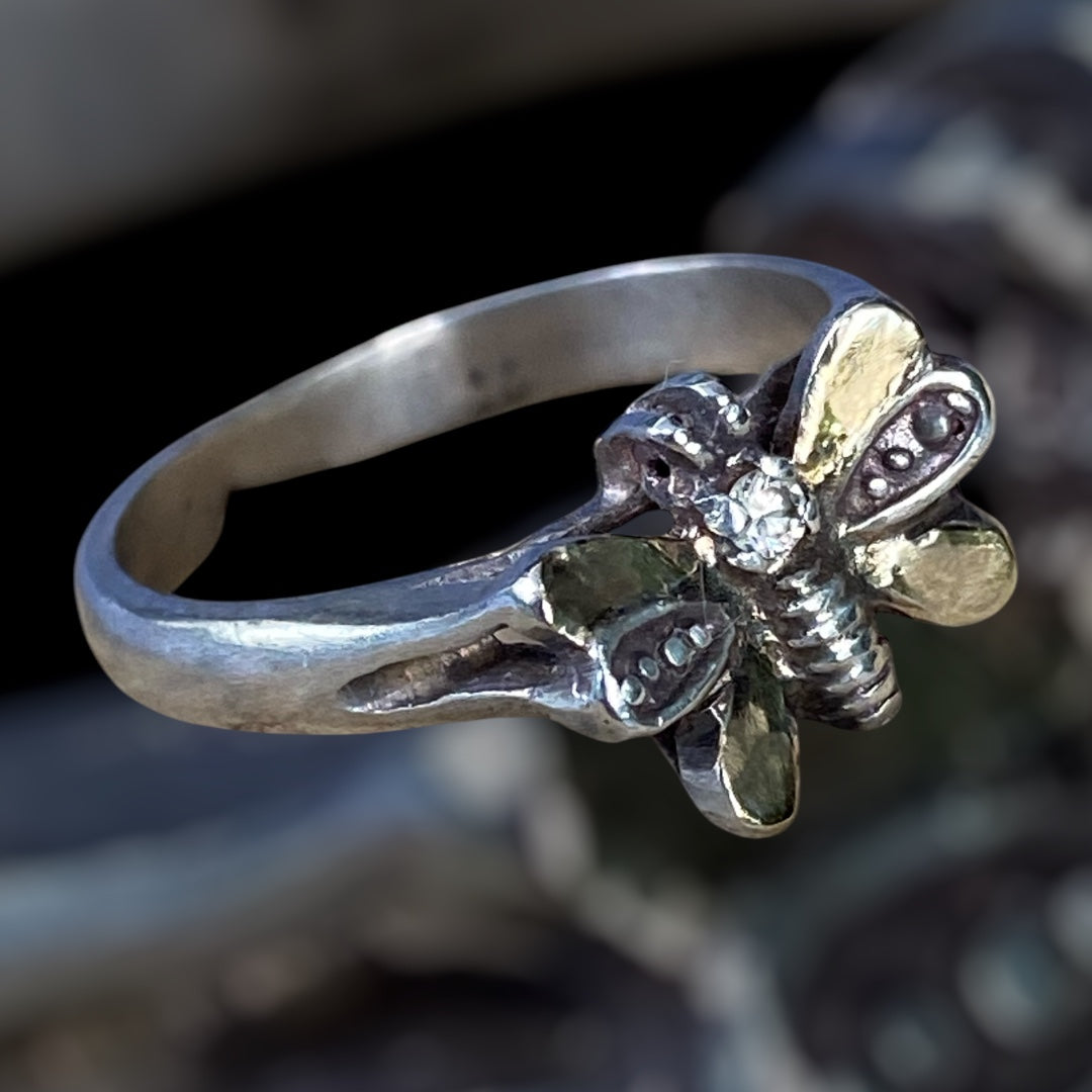 Silver Bee Ring with Gold and Diamond Accents