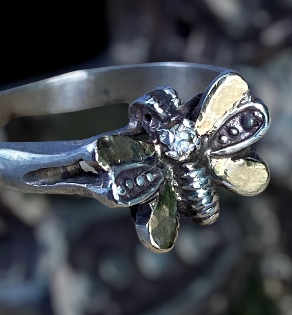 Silver Bee Ring with Gold and Diamond Accents