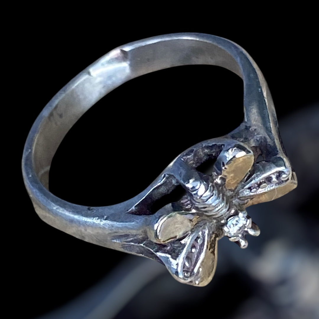 Silver Bee Ring with Gold and Diamond Accents