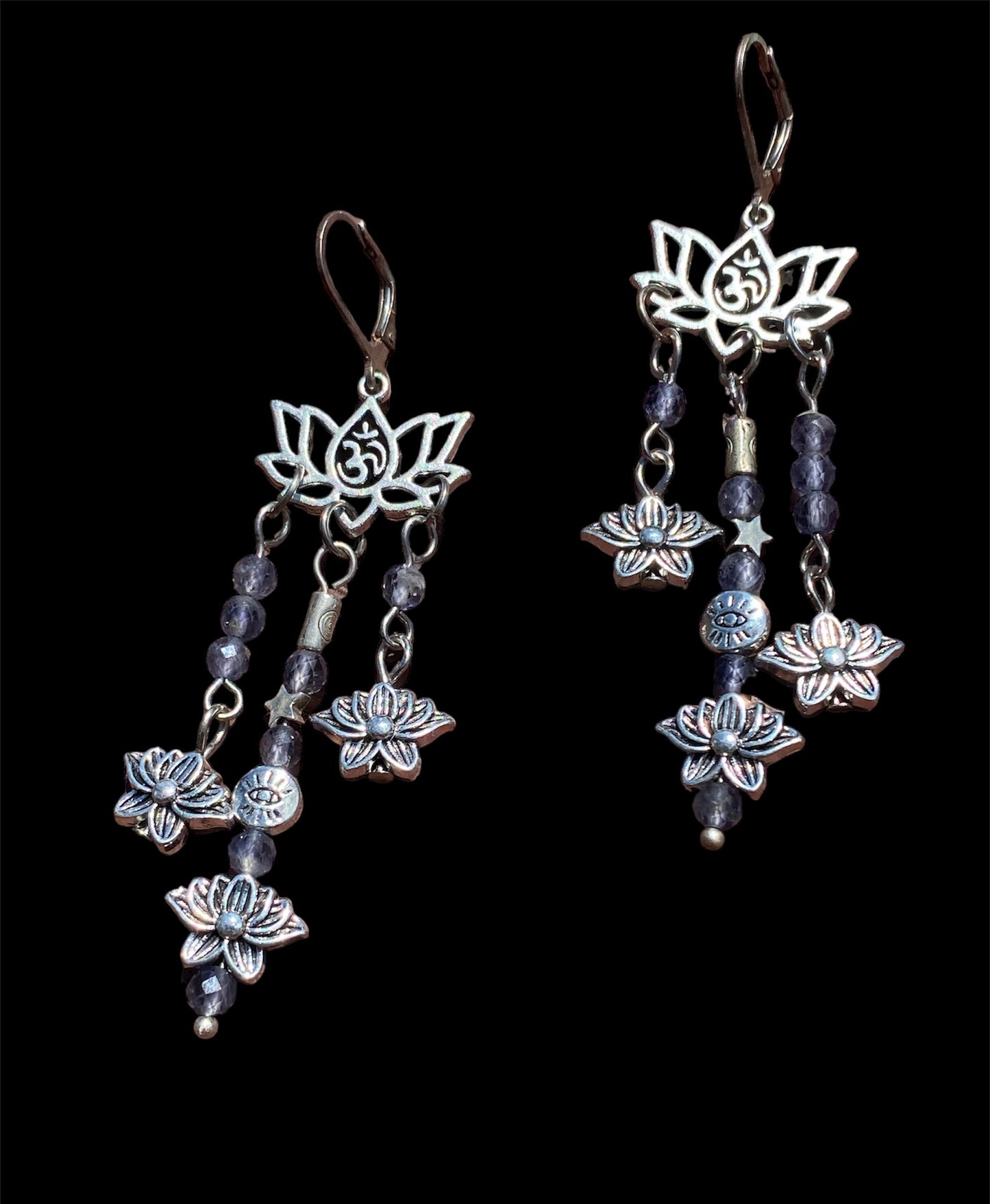 Handmade Iolite Bead & Lotus Dangle Earrings sold