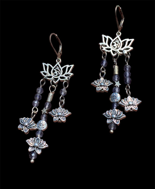Handmade Iolite Bead & Lotus Dangle Earrings sold