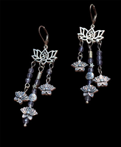 Iolite Bead & Lotus Dangle Earrings