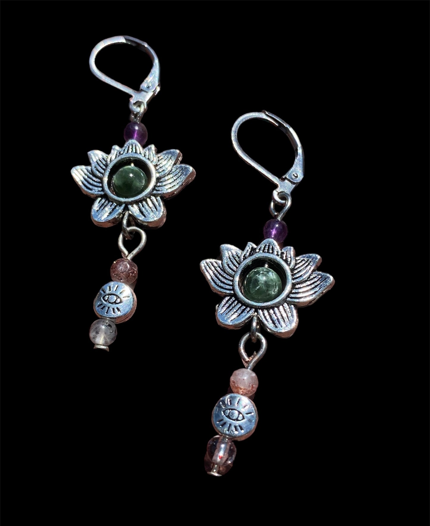 Lotus, Super Seven and Green Chariot bead Earrings