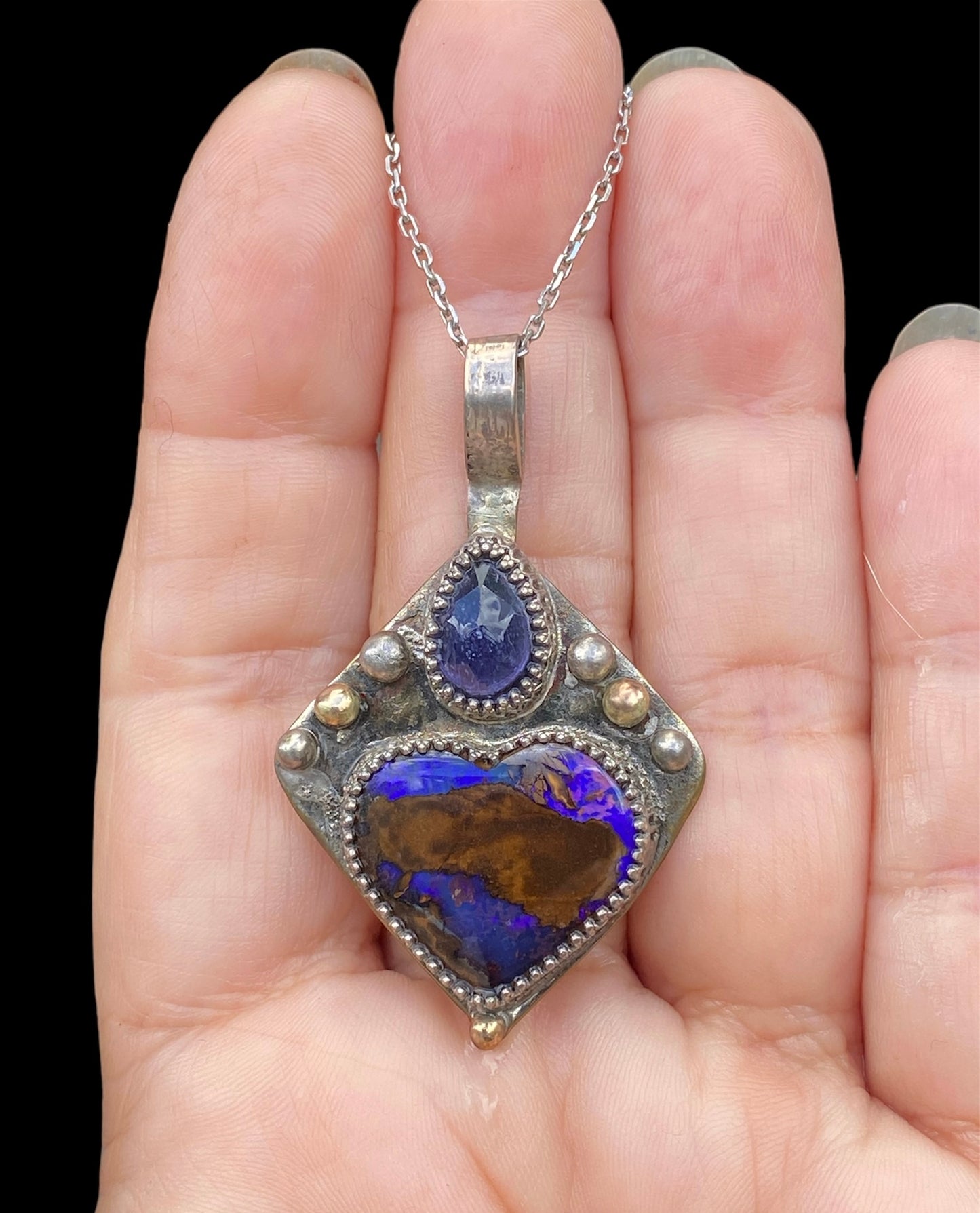 Handmade Winton Opal Heart and Iolite Pendant with 9k Gold Accents