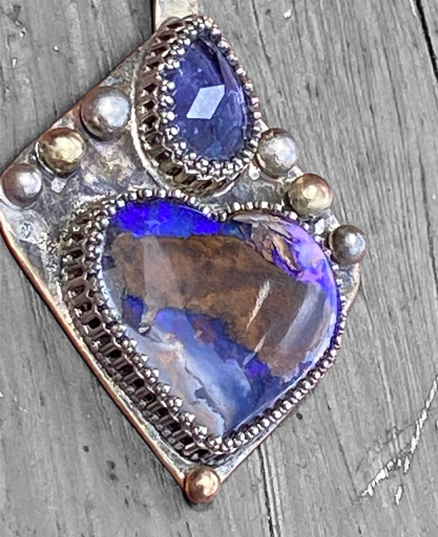 Handmade Winton Opal Heart and Iolite Pendant with 9k Gold Accents