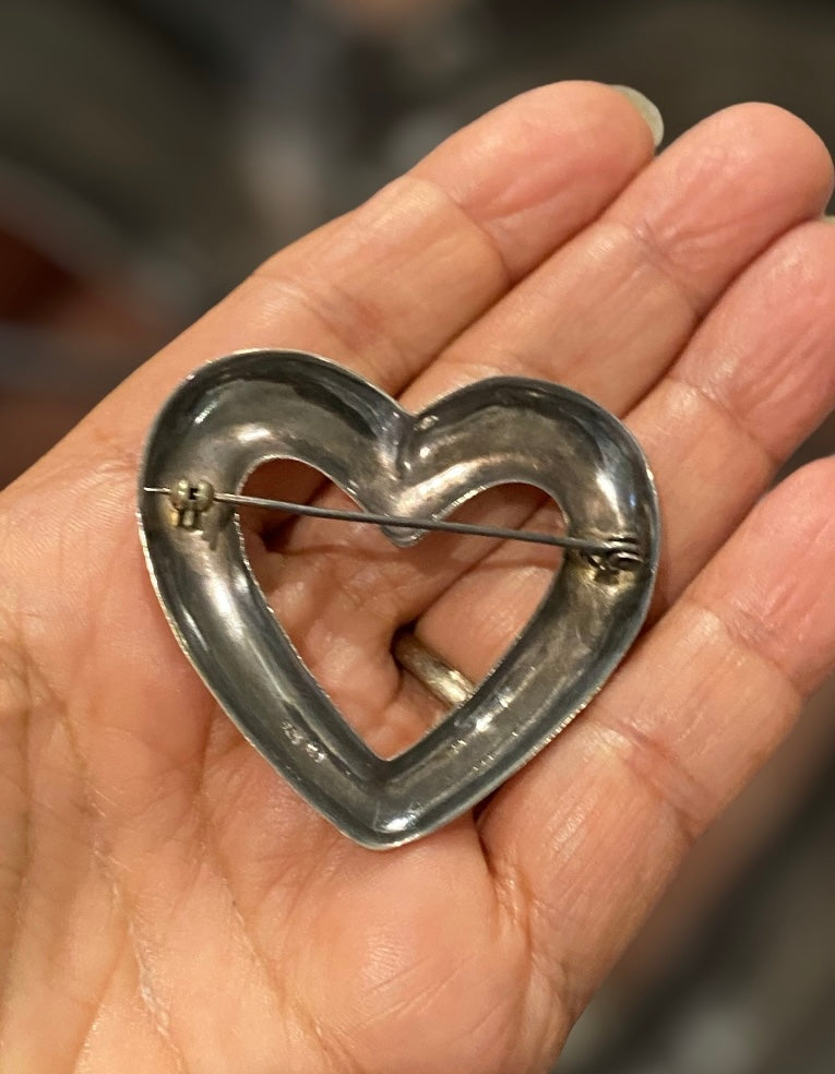 Vintage Sterling Silver Heart Brooch 925 Large Open Heart Pin Minimalist Jewellery Gift for Her
