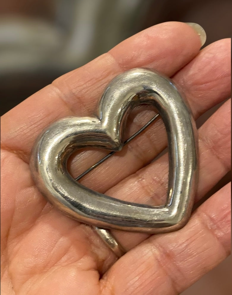 Vintage Sterling Silver Heart Brooch 925 Large Open Heart Pin Minimalist Jewellery Gift for Her