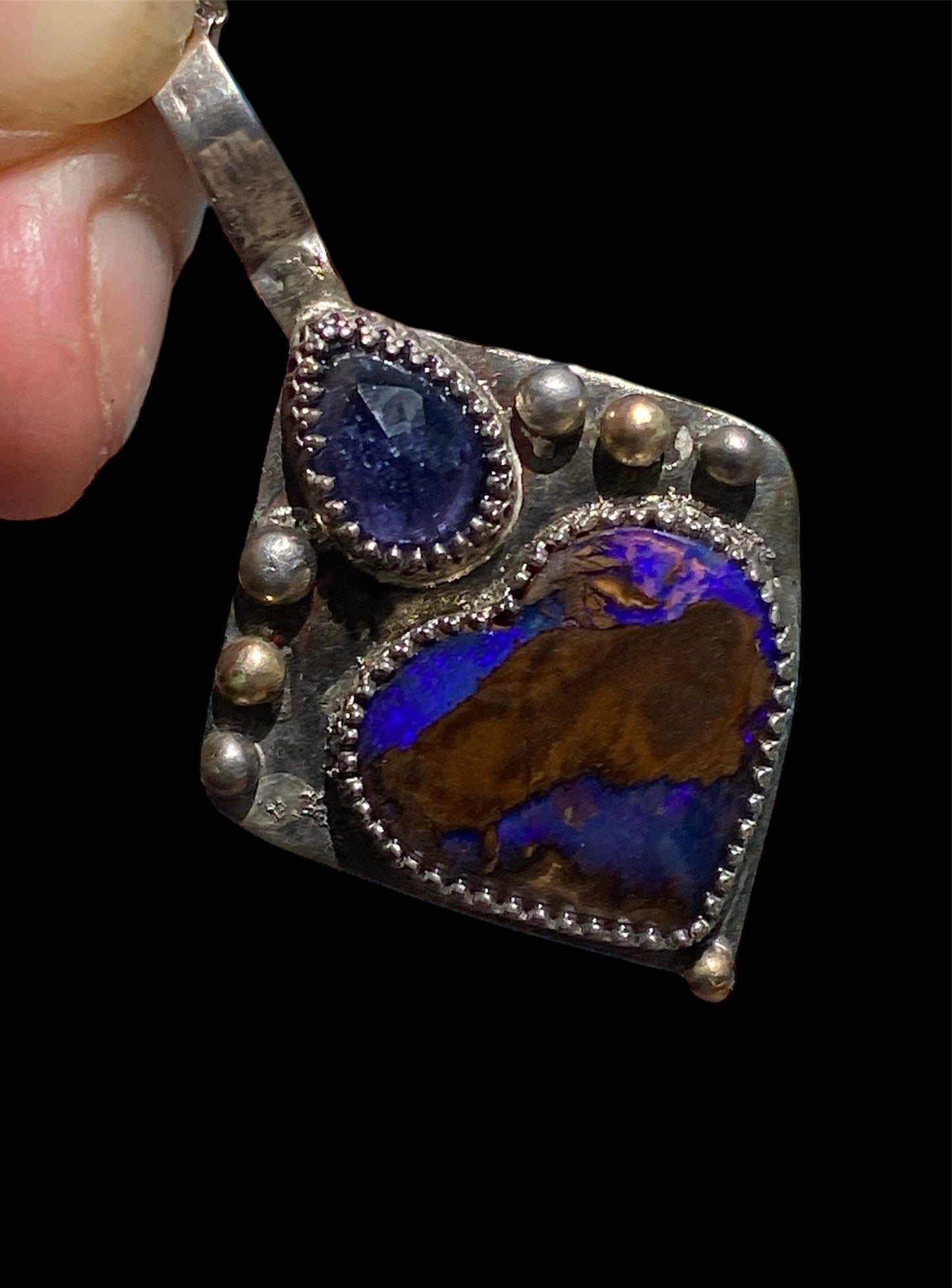 Handmade Winton Opal Heart and Iolite Pendant with 9k Gold Accents