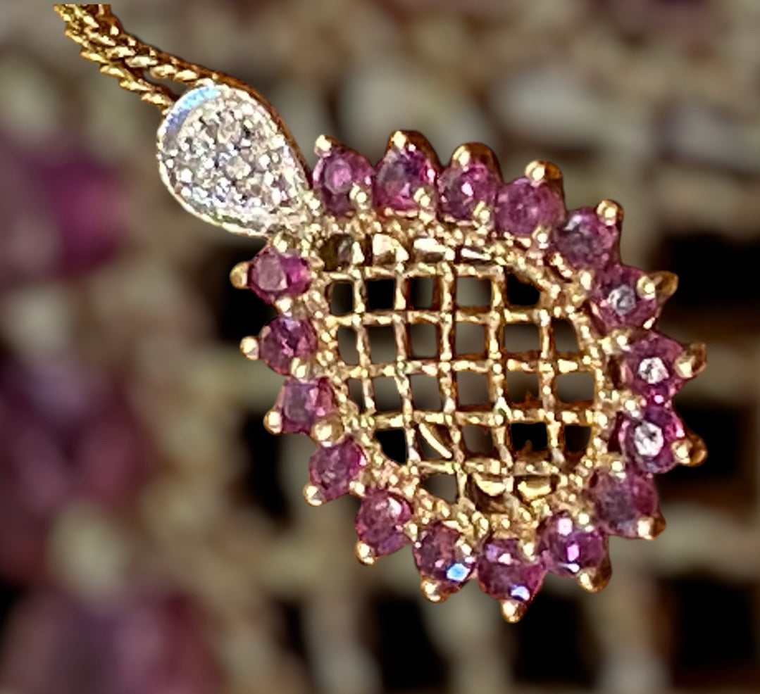 Intricate 10K Natural Ruby Filigree Lattice and Diamond Pendant