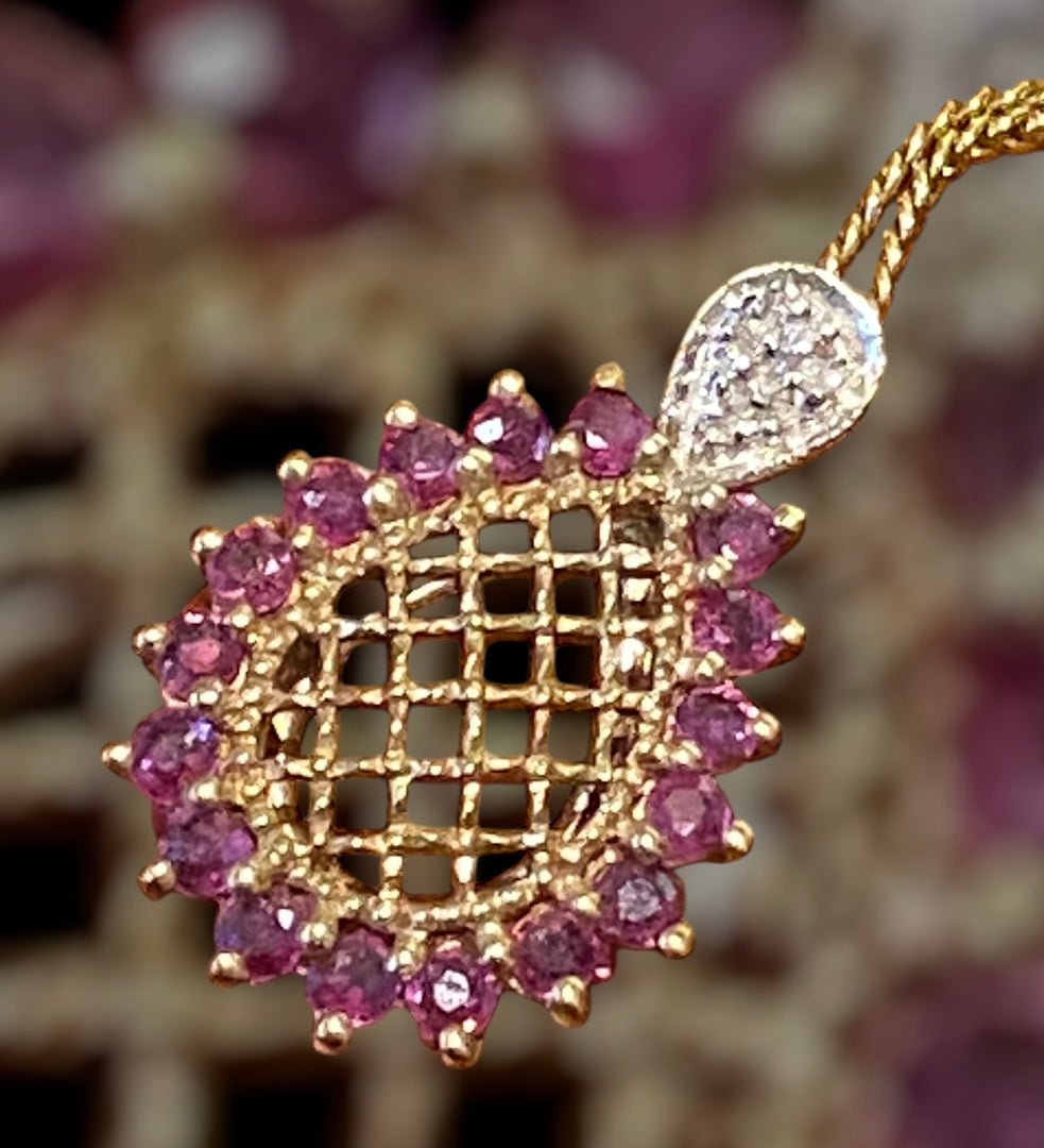 Intricate 10K Natural Ruby Filigree Lattice and Diamond Pendant