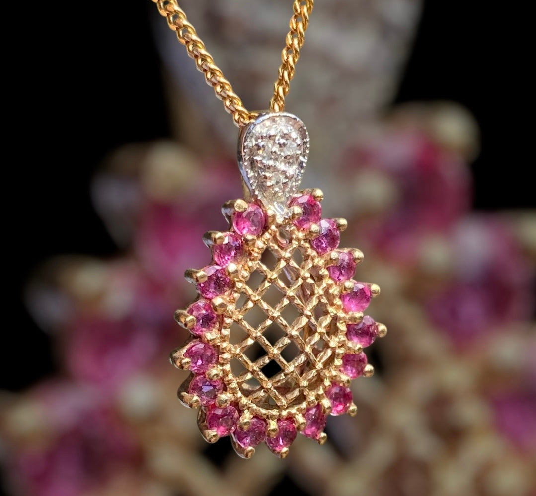 Intricate 10K Natural Ruby Filigree Lattice and Diamond Pendant