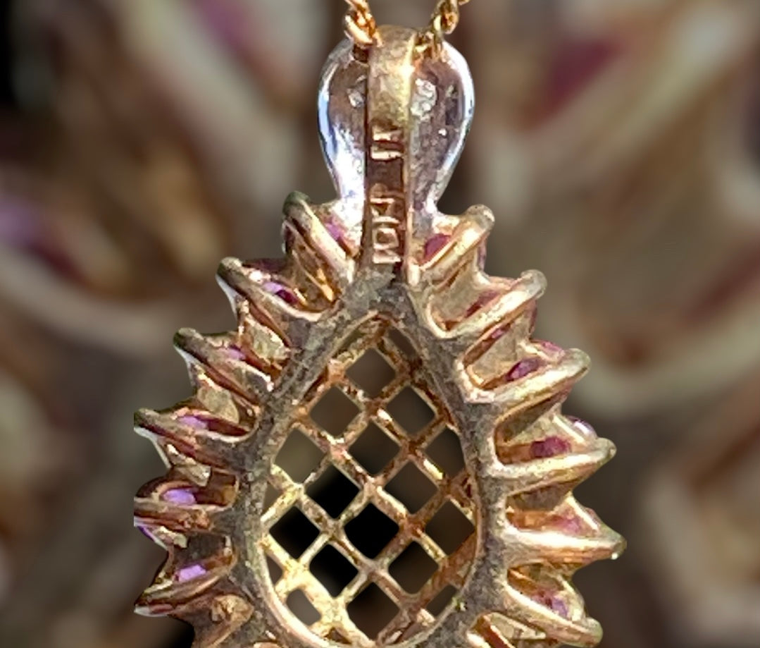 Intricate 10K Natural Ruby Filigree Lattice and Diamond Pendant