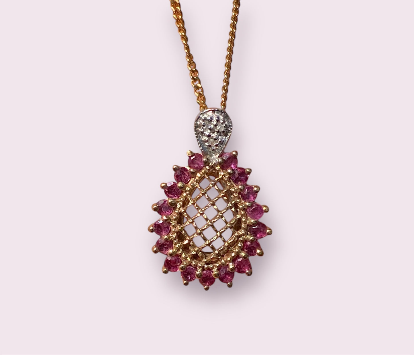 Intricate 10K Natural Ruby Filigree Lattice and Diamond Pendant