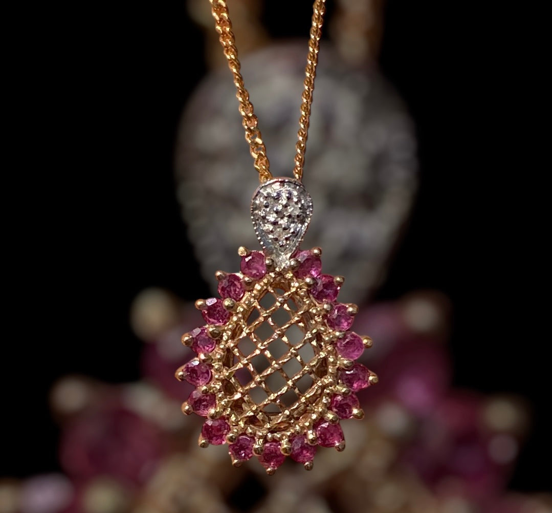 Intricate 10K Natural Ruby Filigree Lattice and Diamond Pendant