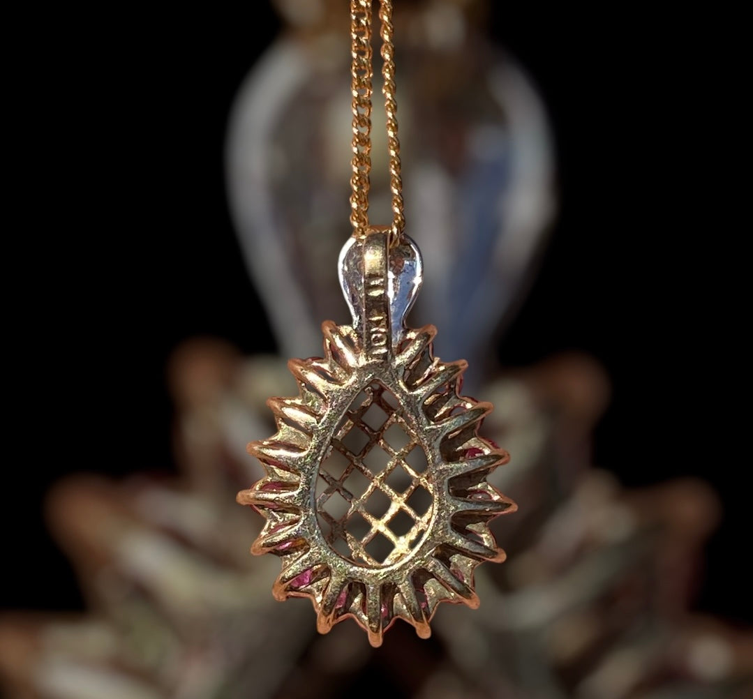 Intricate 10K Natural Ruby Filigree Lattice and Diamond Pendant