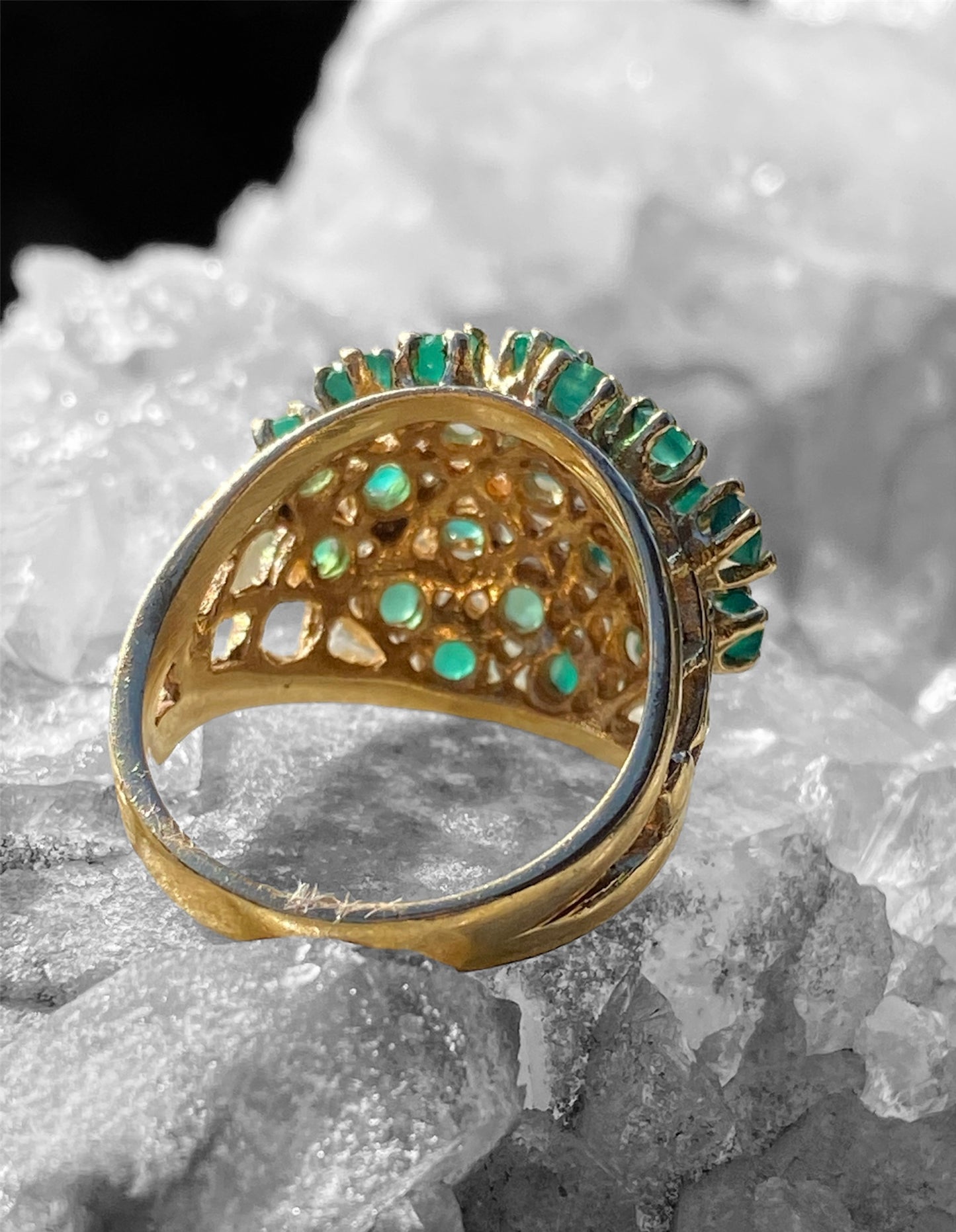 Yellow Gold Emerald Cluster Cocktail Dome Ring - 14k Round 2.55ctw Latticework