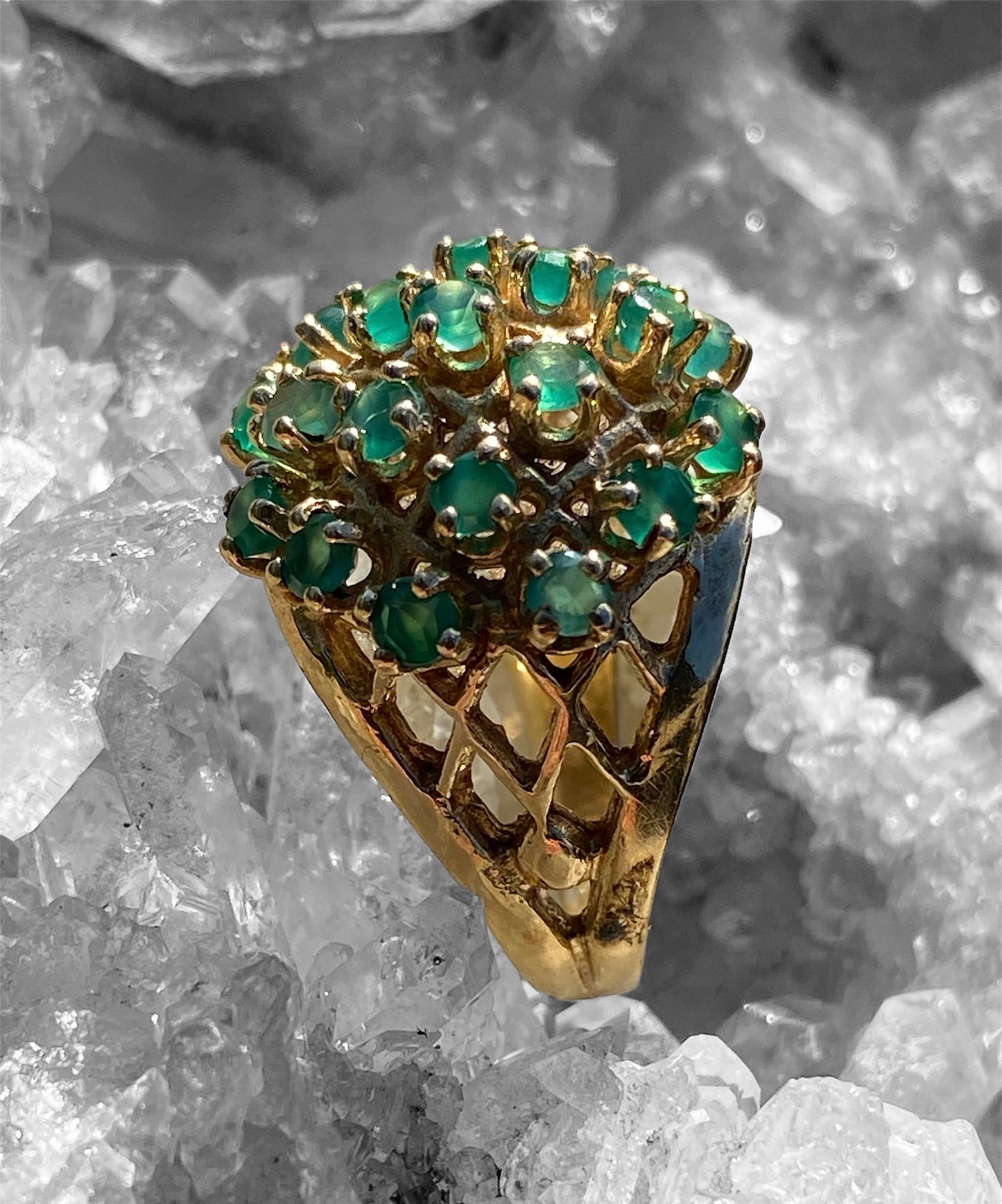 Yellow Gold Emerald Cluster Cocktail Dome Ring - 14k Round 2.55ctw Latticework