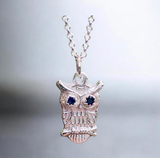 Handmade Sterling Silver Owl Pendant Blue Sapphire Sand Cast Necklace