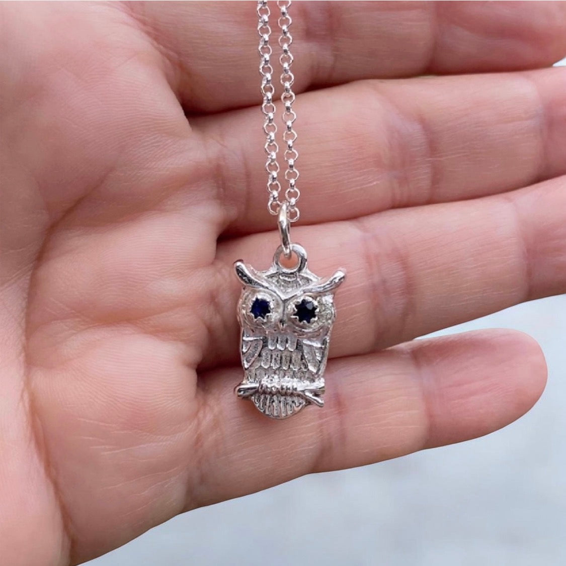 Handmade Sterling Silver Owl Pendant Blue Sapphire Sand Cast Necklace
