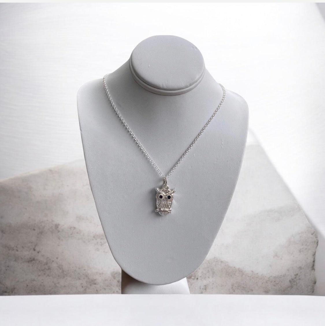 Handmade Sterling Silver Owl Pendant Blue Sapphire Sand Cast Necklace