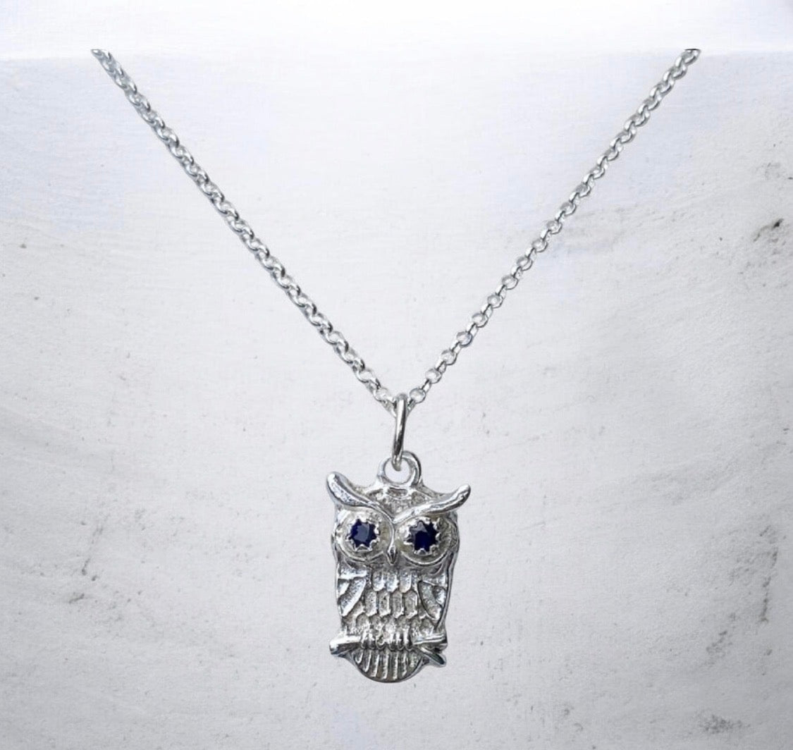 Handmade Sterling Silver Owl Pendant Blue Sapphire Sand Cast Necklace