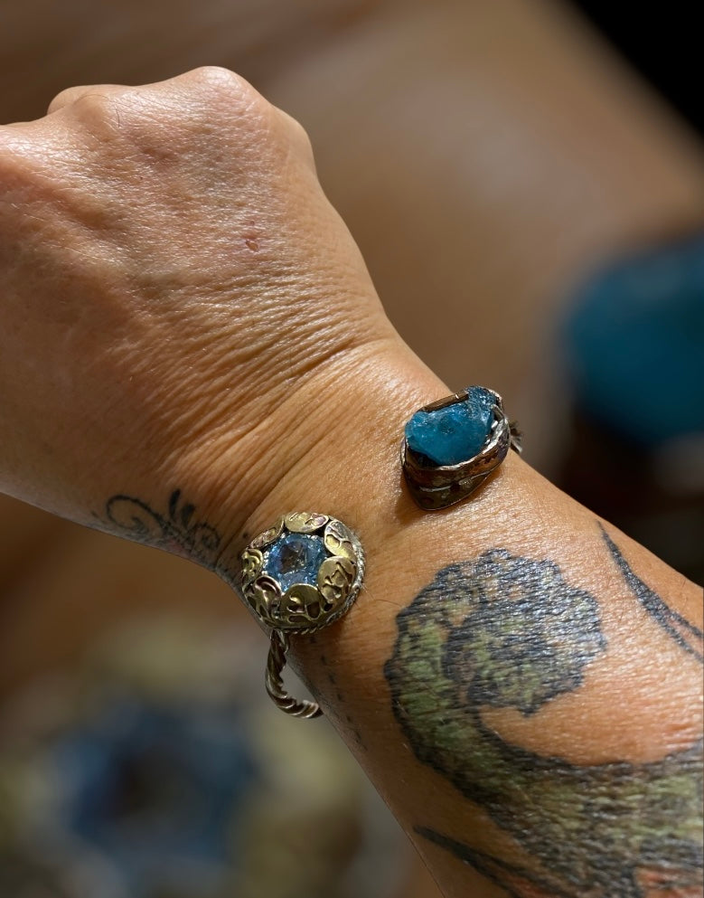Artisan Mixed Metal Bracelet Cuff with Blue Topaz & Raw Blue Apatite