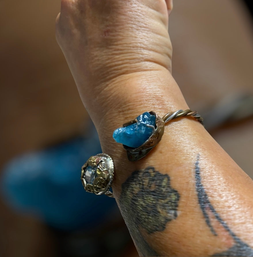 Artisan Mixed Metal Bracelet Cuff with Blue Topaz & Raw Blue Apatite