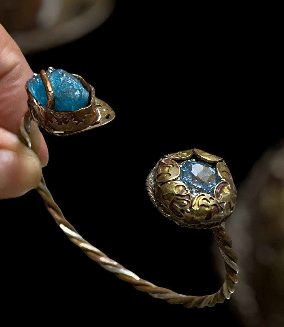 Artisan Mixed Metal Bracelet Cuff with Blue Topaz & Raw Blue Apatite