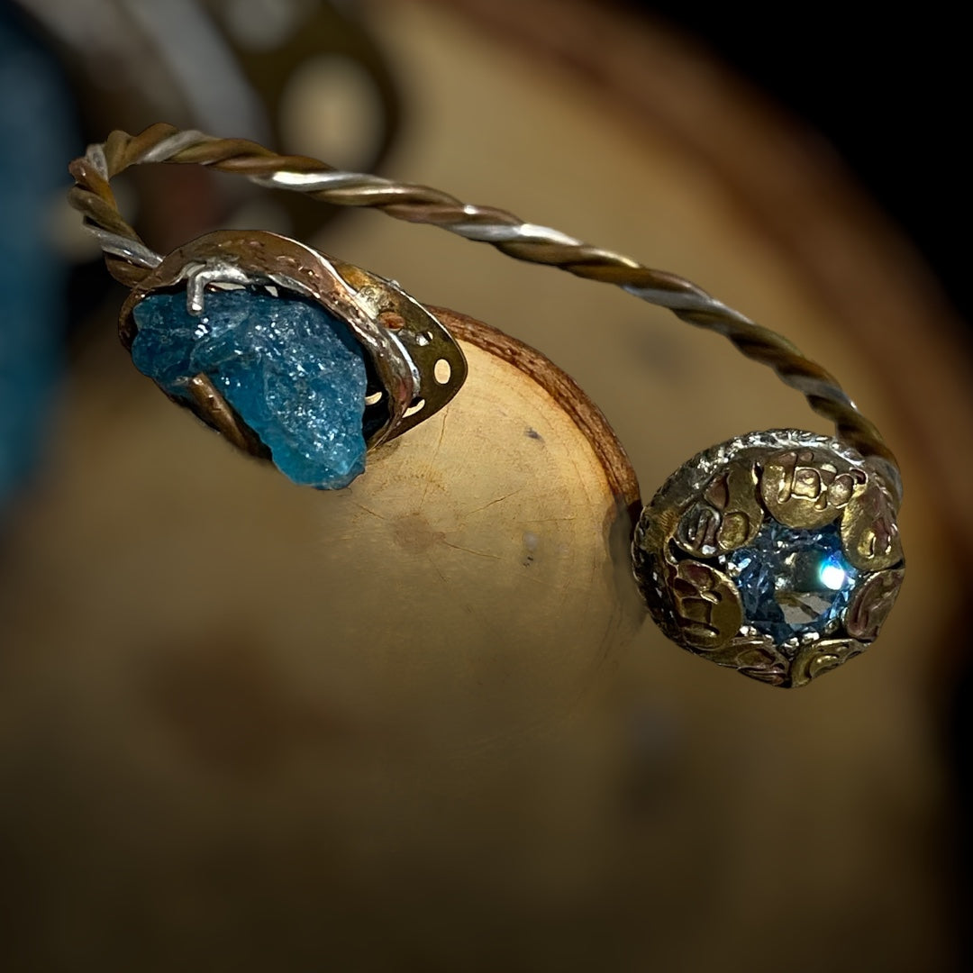 Artisan Mixed Metal Bracelet Cuff with Blue Topaz & Raw Blue Apatite