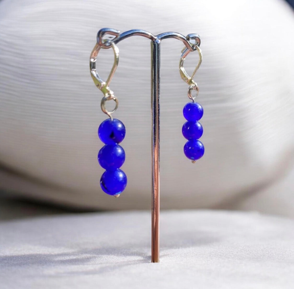 Blue Jadeite Bead Drop Earrings Sterling Silver Lever Back