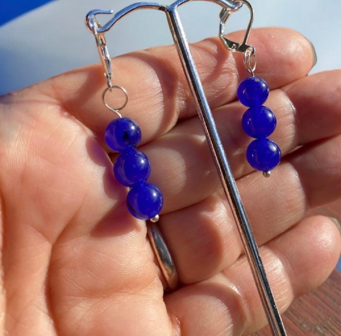 Blue Jadeite Bead Drop Earrings Sterling Silver Lever Back