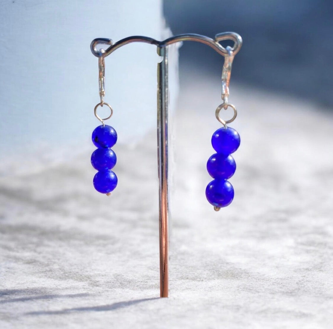 Blue Jadeite Bead Drop Earrings Sterling Silver Lever Back