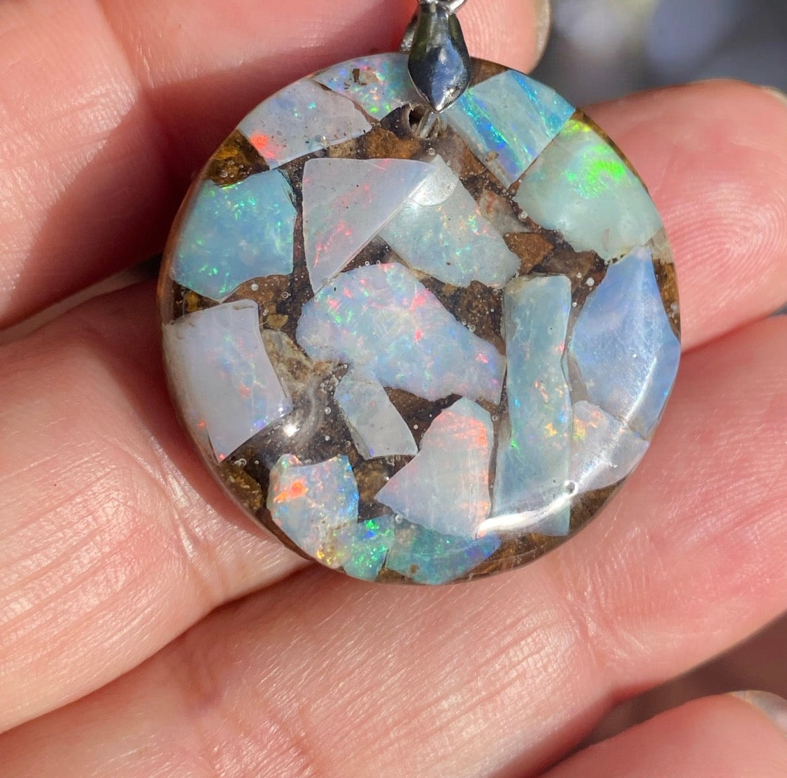 Soft Aurora Round Medium Australian Opal Inlay Pendant