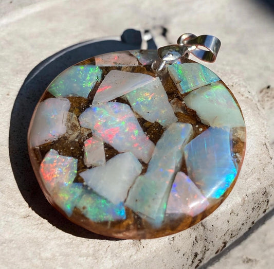 Soft Aurora Round Medium Australian Opal Inlay Pendant