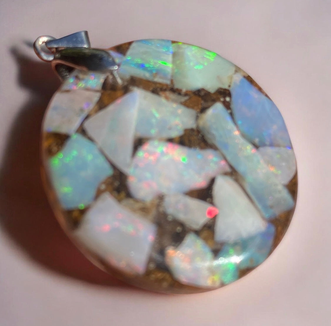 Soft Aurora Round Medium Australian Opal Inlay Pendant