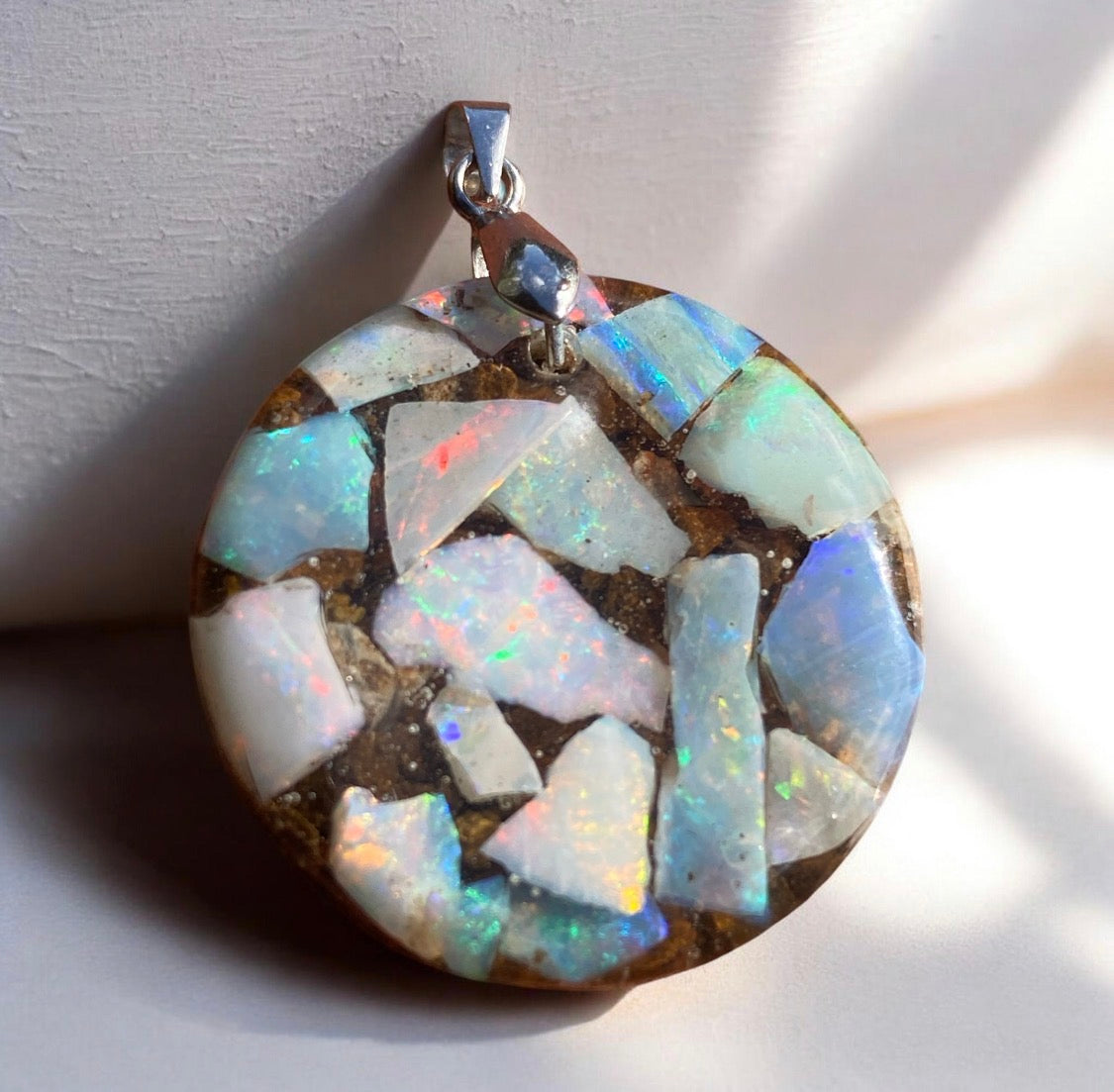 Soft Aurora Round Medium Australian Opal Inlay Pendant