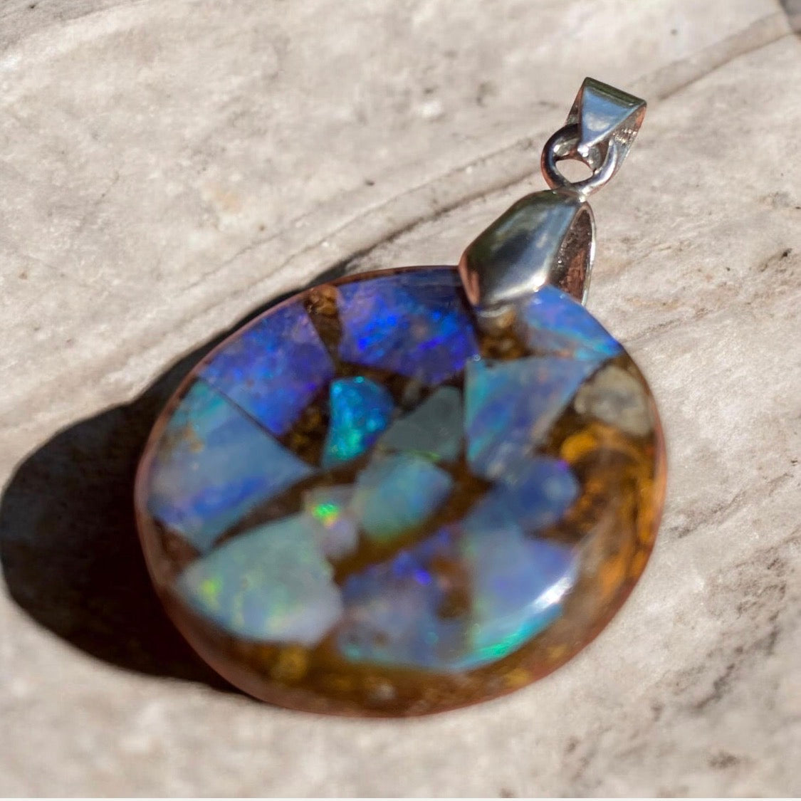 Ocean Fire Round Australian Opal Inlay Pendant