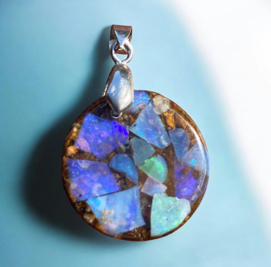 Ocean Fire Round Australian Opal Inlay Pendant