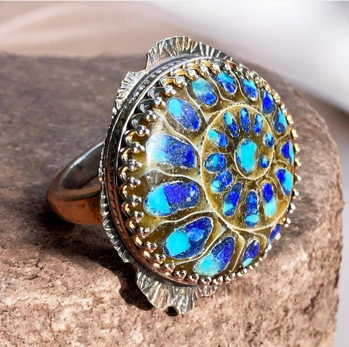 Sterling Silver Ammonite Fossil Ring Lapis Turquoise Inlay Vintage Spoon Band