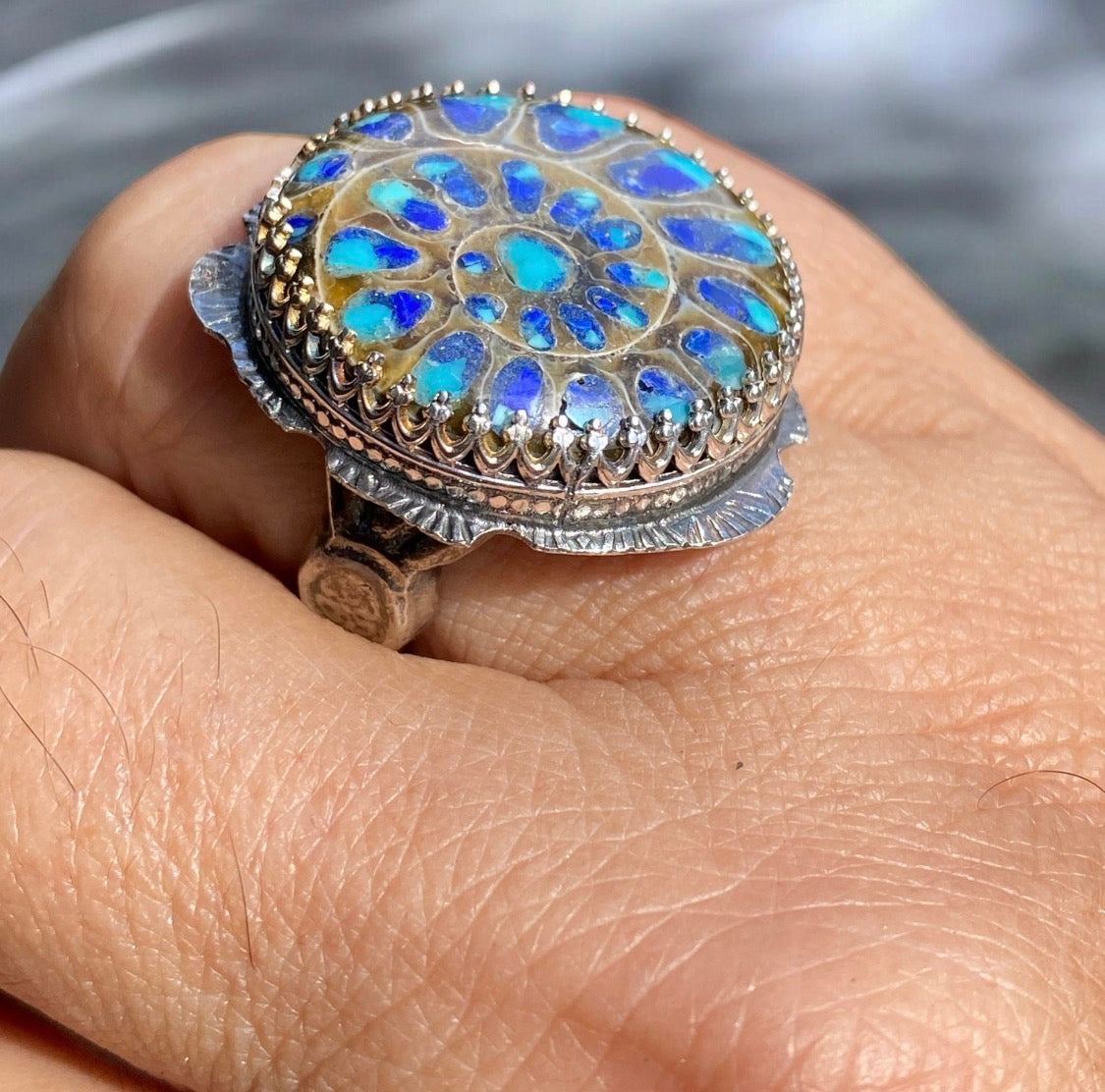 Sterling Silver Ammonite Fossil Ring Lapis Turquoise Inlay Vintage Spoon Band