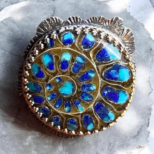 Sterling Silver Ammonite Fossil Ring Lapis Turquoise Inlay Vintage Spoon Band