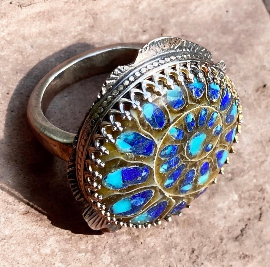 Sterling Silver Ammonite Fossil Ring Lapis Turquoise Inlay Vintage Spoon Band