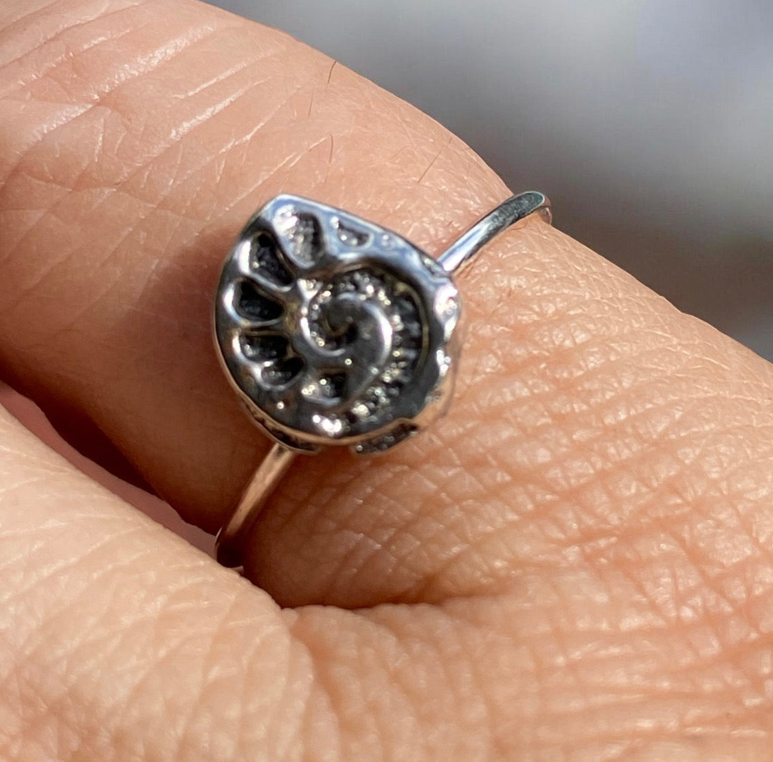 Sterling Silver Mini Ammonite Ring Size 6.5 Sand Cast
