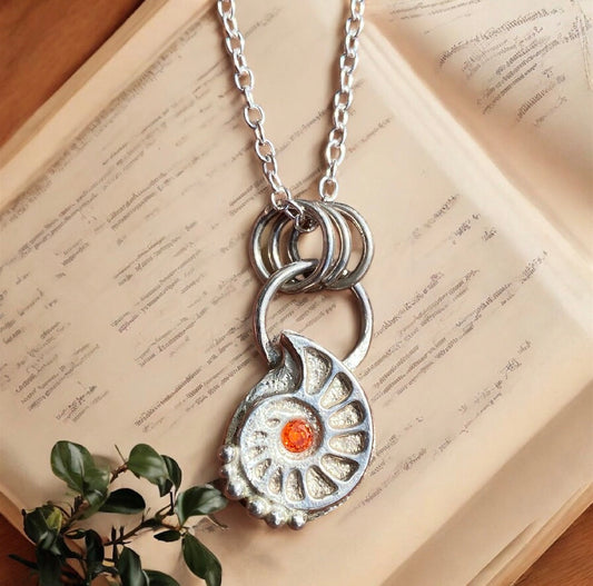 Sterling Silver Ammonite Pendant Orange Gemstone Sand Cast Necklace