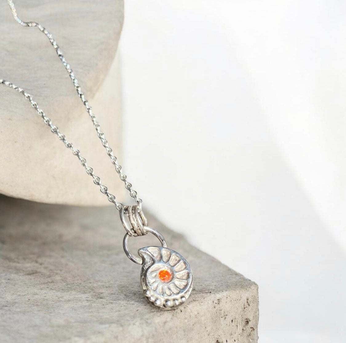 Sterling Silver Ammonite Pendant Orange Gemstone Sand Cast Necklace
