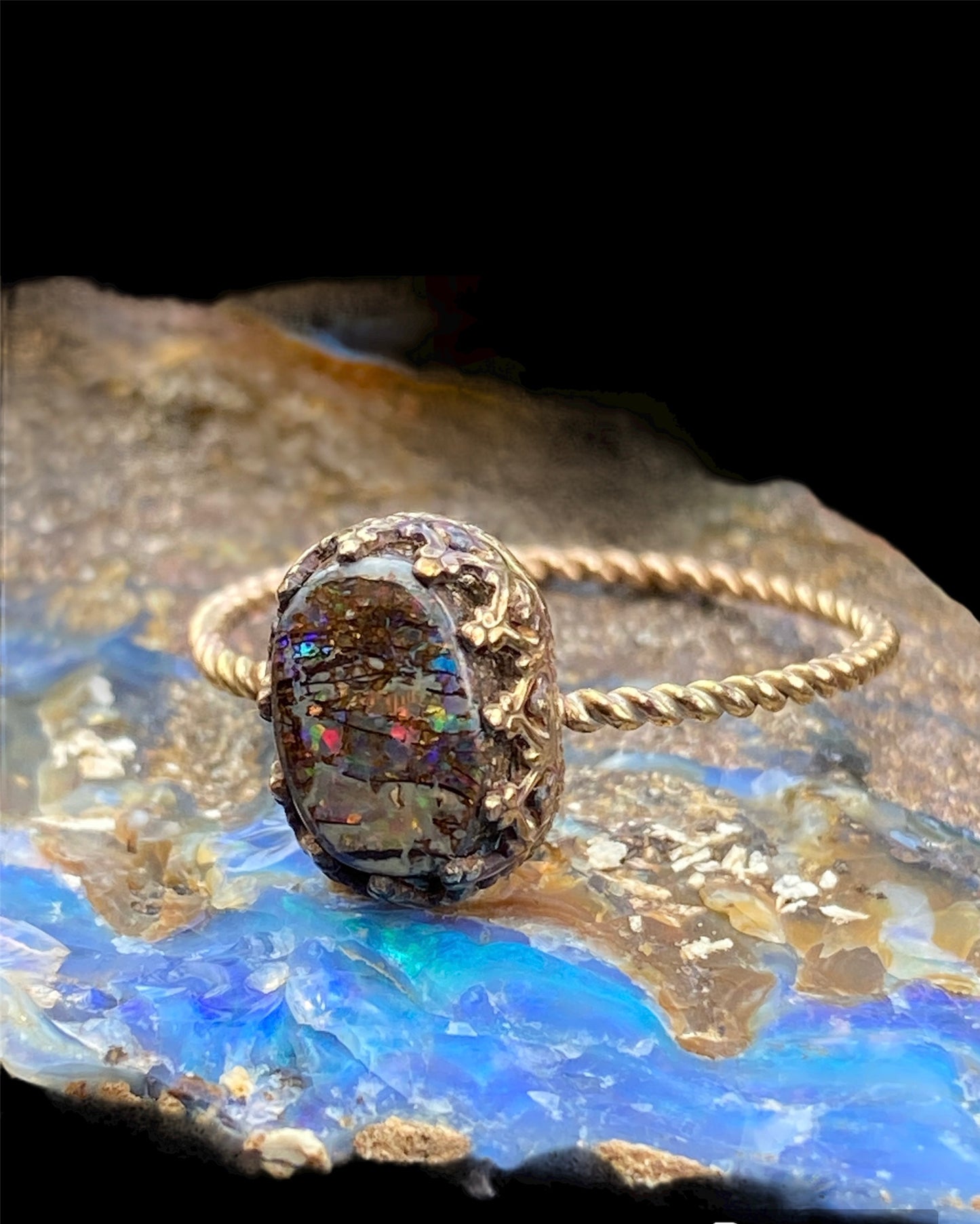 Queensland Boulder Opal Ring 14K Gold Filled Handmade Size 7.75