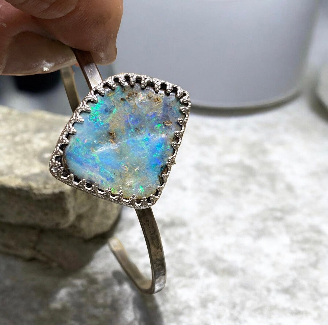 Sterling Silver Boulder Opal Cuff Bracelet One of a Kind Artisan Statement